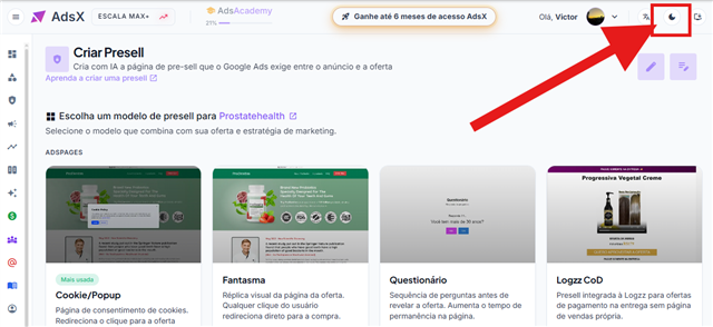 Painel da AdsX no modo claro, com o botão de tema destacado no canto superior direito da tela.