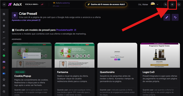 Painel da AdsX no modo escuro, com o botão de tema destacado no canto superior direito da tela.