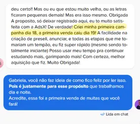 Print de depoimento — primeira venda já no segundo dia de campanha